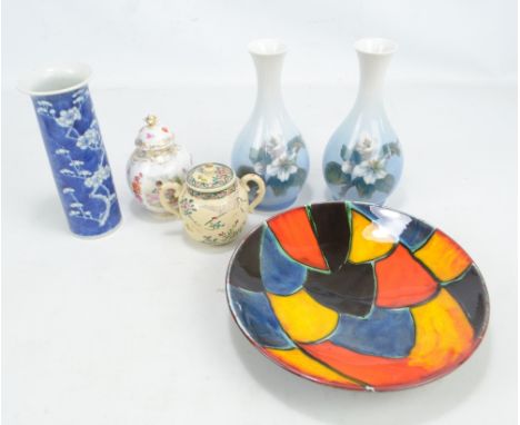 A small mixed lot of ceramics including a pair of Royal Copenhagen bottle vases, a Chinese blue and white vase and Poole pott