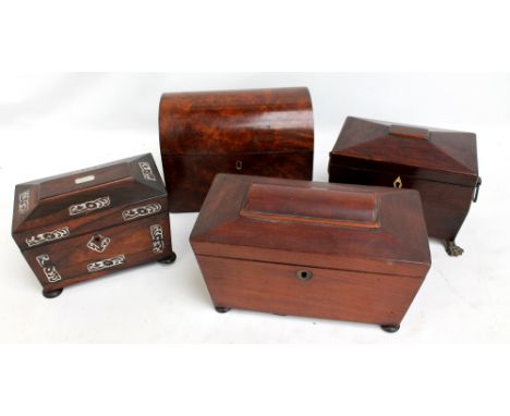 A Regency rosewood two section sarcophagus tea caddy on brass paw feet, width 19cm, an early Victorian mother of pearl inlaid