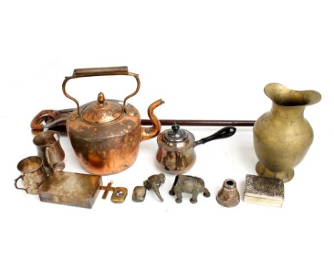 A small group of metalware to include a copper kettle, a brass pitcher and electroplated mug, also a hallmarked silver loaded