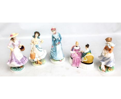 Five ceramic figures to include Royal Worcester '1878: The Bustle' no.1559/9500, Royal Doulton HN2276 'Heart to Heart' and Ro