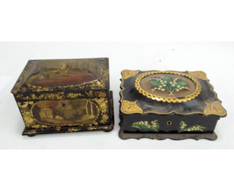A mid-Victorian papier-mâché gilt heightened and decorated tea caddy (lacking interior), width 20.5cm, and a further Victoria