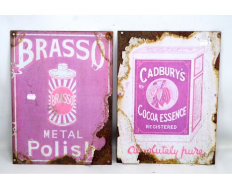 Two distressed vintage signs, Brasso and Cadbury's Cocoa Essence, each 40.5 x 30.5cm (both very badly af). 