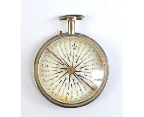 WILLIAM LEWIS; an unusual George III hallmarked silver pocket compass with white enamelled dial, originally with outer pair c
