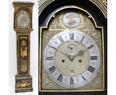 JOHN EVANS OF LONDON; a George III chinoiserie black lacquered and gilt heightened longcase clock, the moulded cornice above 