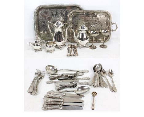 A small group of electroplated items to include a four piece coffee set and a set of flatware including soup ladle. 