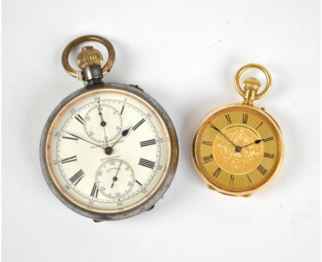 THOMAS RUSSELL & SON; an 18ct yellow gold cased open face crown wind fob watch, the circular dial set with Roman numerals, ca