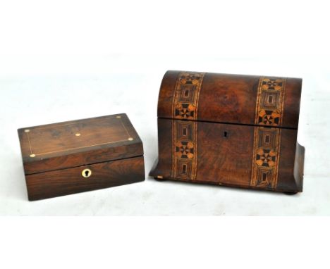 A Victorian walnut and geometrically band inlaid dome topped two division tea caddy and a small rosewood and mother of pearl 