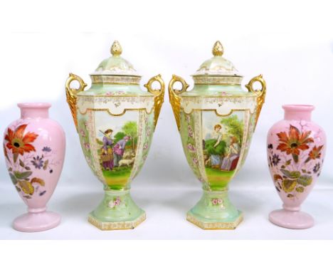 A pair of hexagonal transfer decorated vases and covers, height 48cm (af) and a pair of late Victorian pink opaque glass and 