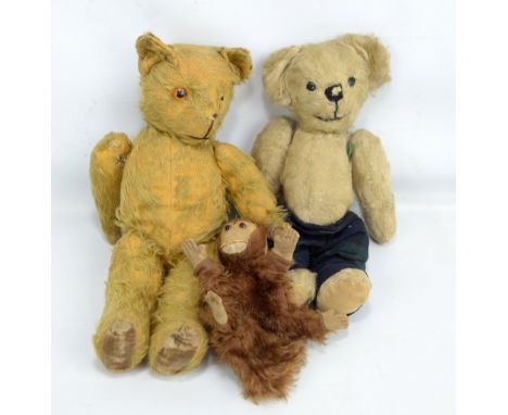 Two vintage teddy bears and a monkey hand puppet (3).