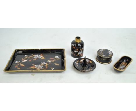A Victorian opaque glass five piece dressing set with gilt and enamelled floral decoration. CONDITION REPORT: General wear th