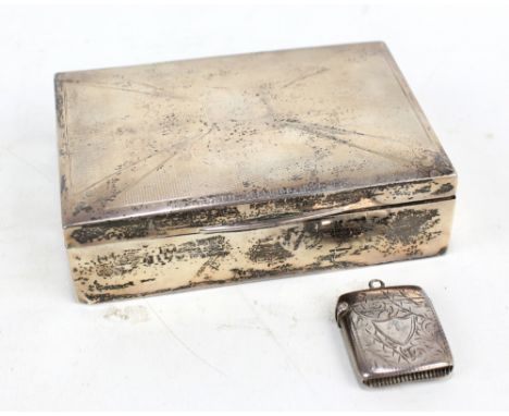 WILLIAM HUTTON & SONS LTD; a George V hallmarked silver cigarette box with engine turned decoration to the lid (af), the rect