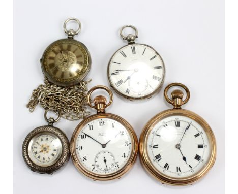 Two gold plated open face crown wind pocket watches with dials signed for Limit and Thomas Russell & Son, a silver plated exa