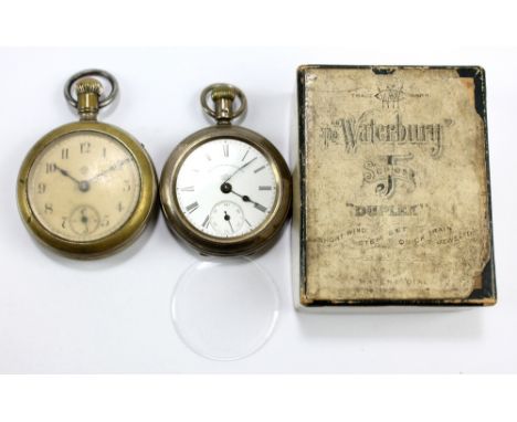 THE WATERBURY WATCH COMPANY; a late 19th century hallmarked silver open face crown wind pocket watch, the circular enamel dia