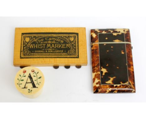 A Victorian tortoiseshell and ivory detailed rectangular card case, 9 x 5.5cm, a bone pill box with scratched and inked initi