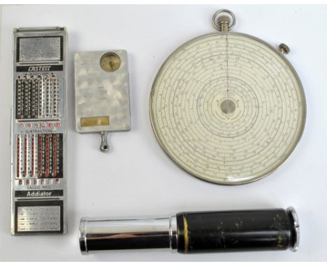 A leather cased Fowler's long scale circular calculator (complete with instructions), an Otis King's pocket calculator, scale