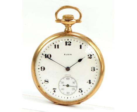 ELGIN; a 9ct yellow gold open face crown wind pocket watch with Arabic numerals to white enamel dial, diameter approx 4.9cm.