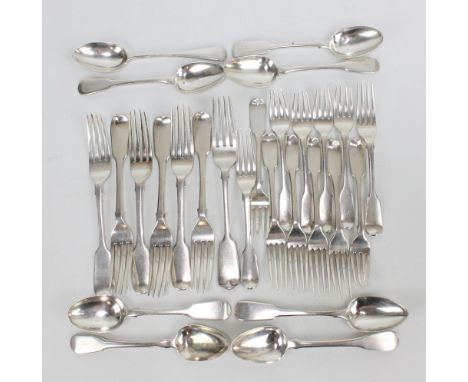 A mixed lot of variously hallmarked silver flatware to include a set of George III fiddle pattern table spoons, William Const