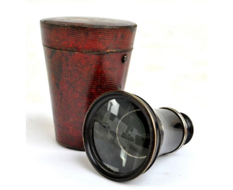 RAMSDEN OF LONDON; a Georgian stained ivory travelling monocular with tapering barrel and original lined Moroccan leather cas