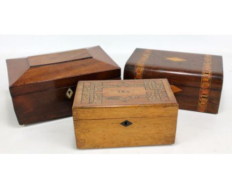 A late Victorian rectangular tea caddy, width 21cm, a work box with domed hinged lid and a further sarcophagus example with m