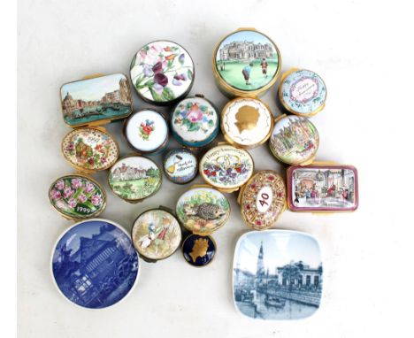 A group of Halcyon Days and similar enamel decorated boxes, a Royal Copenhagen pin dish and further similar dish.