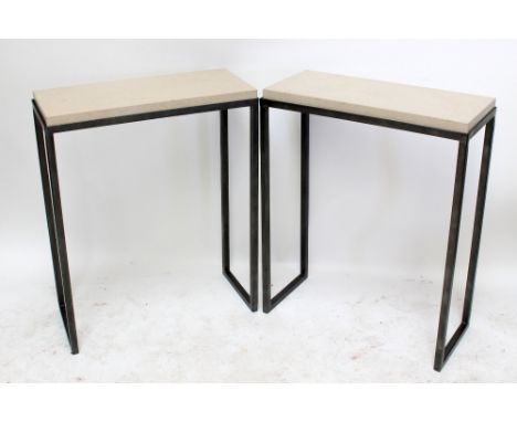 A pair of contemporary console tables with metal frames and polished stone tops, width 71.5cm. CONDITION REPORT: Some hairlin