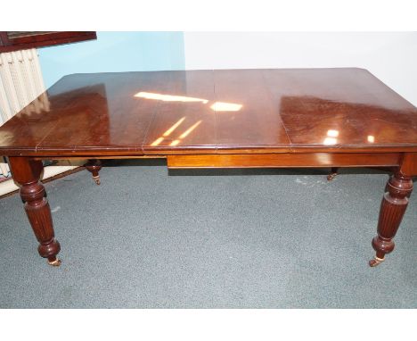 Victorian mahogany extending table 190cm long fully extended with two leaves. Carved column legs on casters 