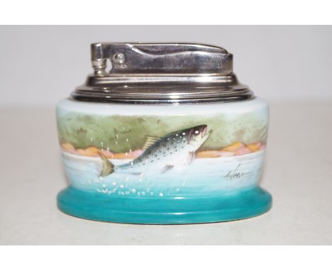 Minton Table lighter painted with leaping trout. Signed to body T. Lee. In excellent all round condition
