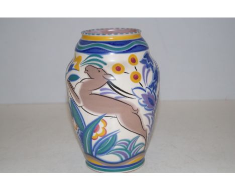 A Poole Pottery vase decorated in the Leaping Deer pattern by Phyllis Ryall. (minor crazing) 21cm high