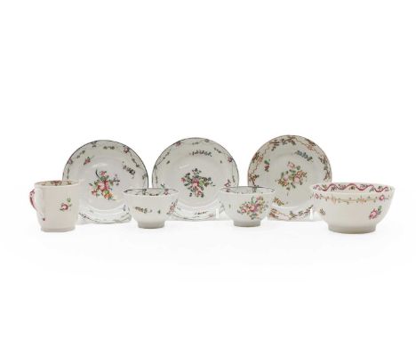 A pair of New Hall teabowls and saucers, 19th century, executed in the famille rose style, unmarked, 13cm diameter, together 