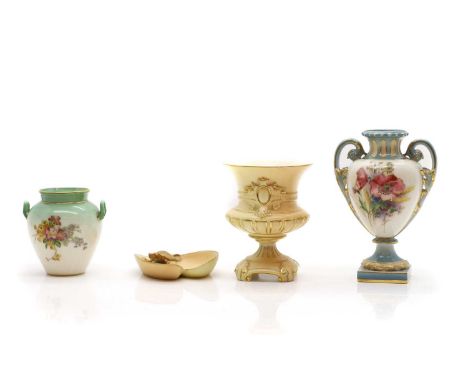 A group of three Royal Worcester porcelain miniature vases, c.1920s, each modelled as a classical urn, two examples decorated