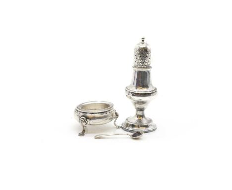 A George III silver sugar caster by Peter &amp; Ann Bateman, London 1792,14cm high together with a George II silver salt,with