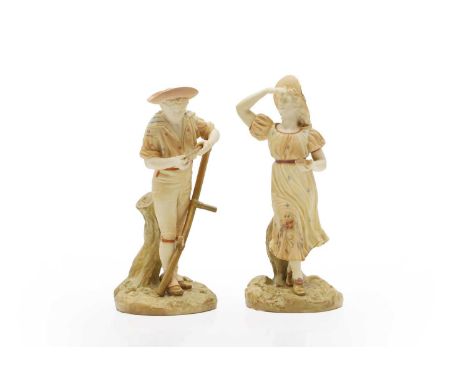 A pair of Royal Worcester porcelain figures 1896, a farmhand and his belle, no.1293, printed marks 23cm highCondition Reportn