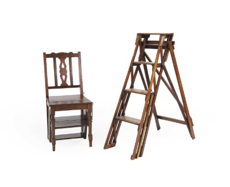 A folding pine step ladder 19th century, 47cm wide119cm hightogether with a set of metamorphic library steps,19th century,55c