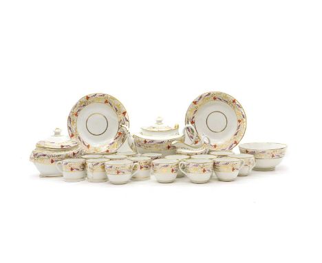 A Coalport porcelain tea service early 19th century, comprising a teapot, 26cm wide, a sucrier, 17cm wide, a cream jug, 15cm 