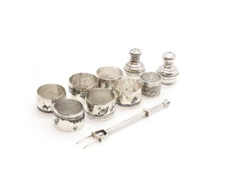 A collection of Egyptian silver items,  comprising six niello work napkin rings,3cm higha ring box, 3cm highand a pair of pep