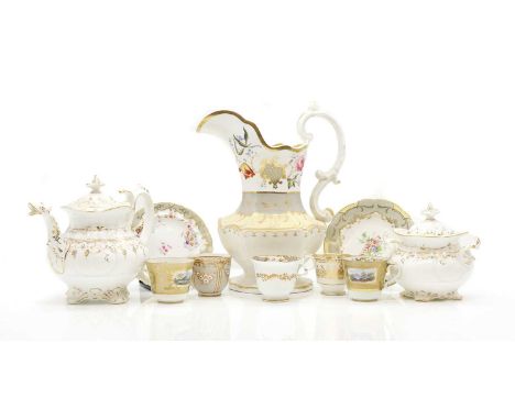 A large collection of porcelain tea wares late 19th to early 20th century, to include a water jug, a teapot, two sucriers, a 