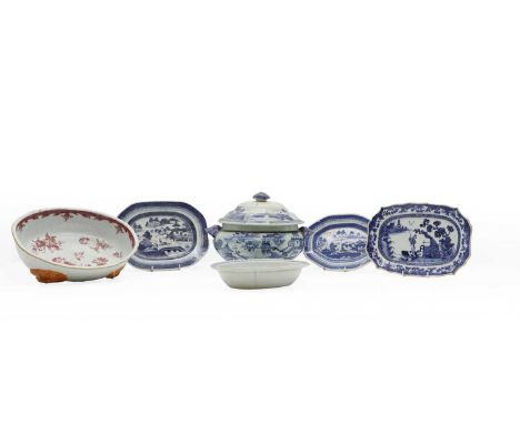 A collection of Chinese export porcelain,  18th century, comprising: a blue and white tureen, of oval form, painted with a la