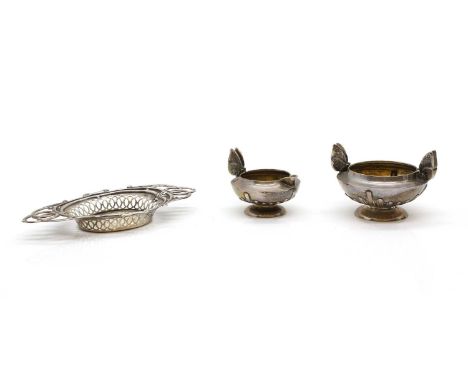 A group of three silver items comprising; an Art Nouveau milk jug and sucrier, London 1895, with butterfly handles, the sucri