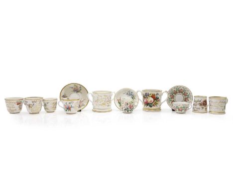 A group of Staffordshire porcelain Christening and friendship teacups and mugs,   19th century, to include, large twin-handle
