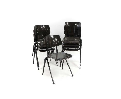 A set of seven Dutch 'S17' stacking chairs, 1960s, manufactured by Galvanitas, with plywood seats and backs, raised on black 
