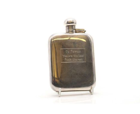 A large silver hip flask by Asprey &amp; Co Ltd, Sheffield 2003, with engraved novelty text 'To Fawaz You are the best Fuck t