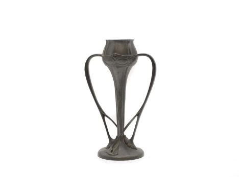 A Liberty Tudric pewter vase, c.1905, of tapering form, with twin sinuous handles with foliate terminals, affixed to a circul