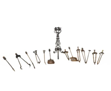 Four various sets of steel fire tools 18th Century and later, to include tongs, pokers, shovels, approx 62-72cm long (qty)