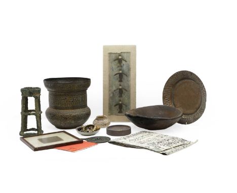 A collection of objets d'art  to include a bronze hand mirror, probably Chinese, 17cm high, a small earthenware vase, of comp
