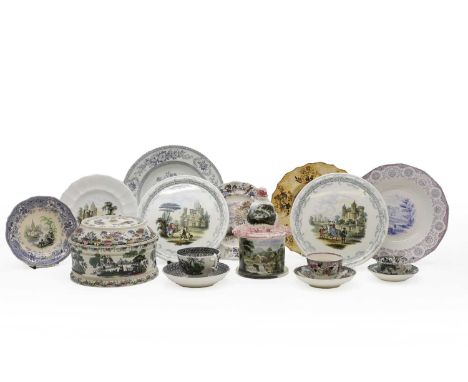 A collection of transfer ware printed tea wares  19th century, comprising six plates, a butter keeper, a condiment pot, two p