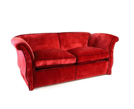 An Italian red velvet two seat sofa with red piping and loose seat cushions206cm wideCondition ReportThe condition is conside