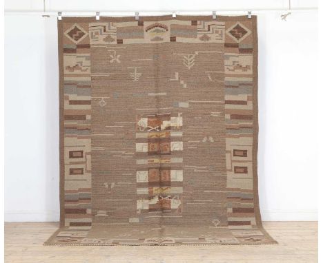 A flatweave carpet 20th century, complete with a Swedish type geometric motifs to a buff ground294 x 203cmCondition ReportOve