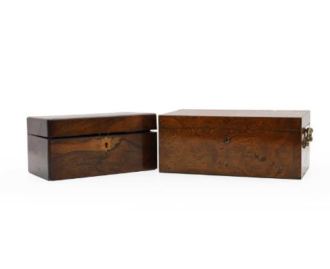 A rosewood tea caddy 19th century, of plain form, the interior with two domed compartments, and a mixing bowl,31cm wide15.5cm