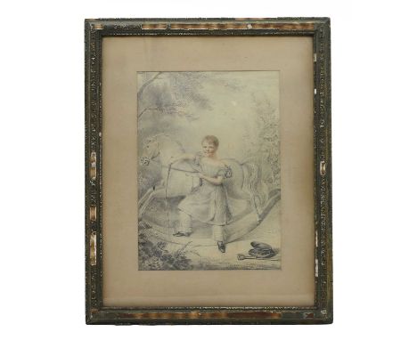 William Moore I (1790-1851) Portrait of a young boy beside a rocking horsewatercolour over pencil, framed38 x 26.5cm, 