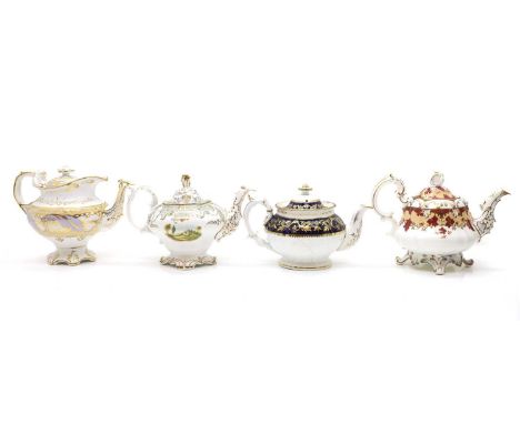A collection of four bone china teapots, 19th century, of various forms, to include a Samuel Alcock &amp; Co. pattern 1/1067 